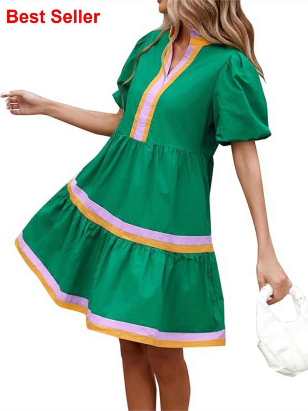 Cotton Puff Sleeve Babydoll Dress with V-Neck and Tiered Skirt